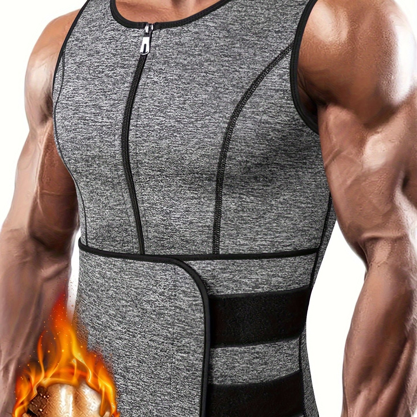 TKPARK Men's Adjustable Compression Tank Top & Waist Trainer - High-Elasticity Workout Shirt with Back Support, Sleeveless Gym Shaper Vest, Zipper Closure & Belt for Fitness Training, Fitness Compression Wear | Sleeveless Tan
