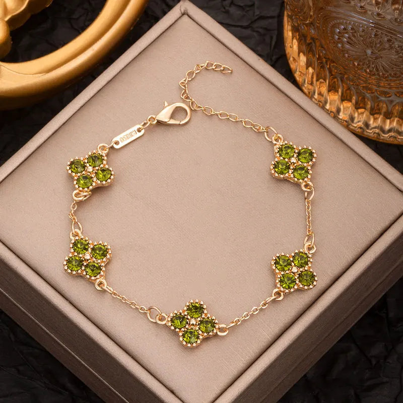 Colorful Crystal Four Leaf Clover Bracelets for Women Girls Lucky Clovers Flower Fashion Wrist Chain Jewelry Party Wear Bijoux