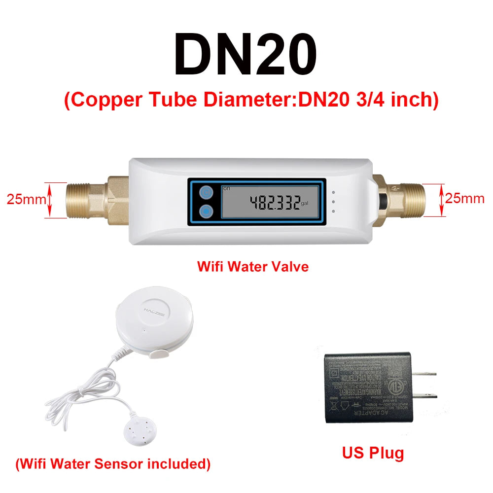 Haozee Tuya Smart WiFi Water Valve Shutoff Water Flow Meter Built in Rechargable Battery for DN20 3/4-Inch Diameter Pipe