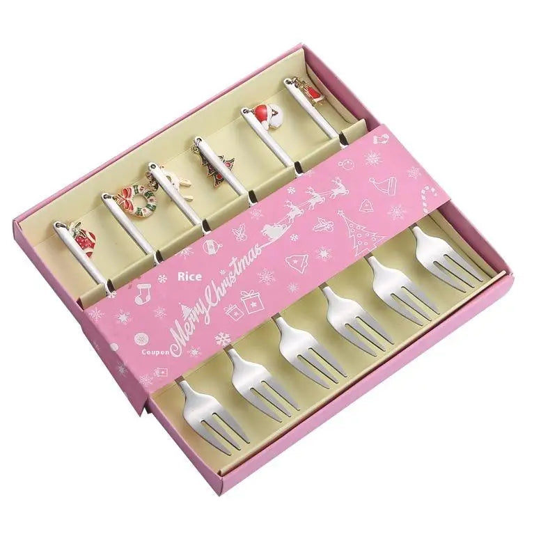 6PCS Christmas Spoons Coffee Cutlery Set Stainless Steel Cutlery Set Dessert Spoon Forks Christmas Gifts Elk Christmas Decoratio