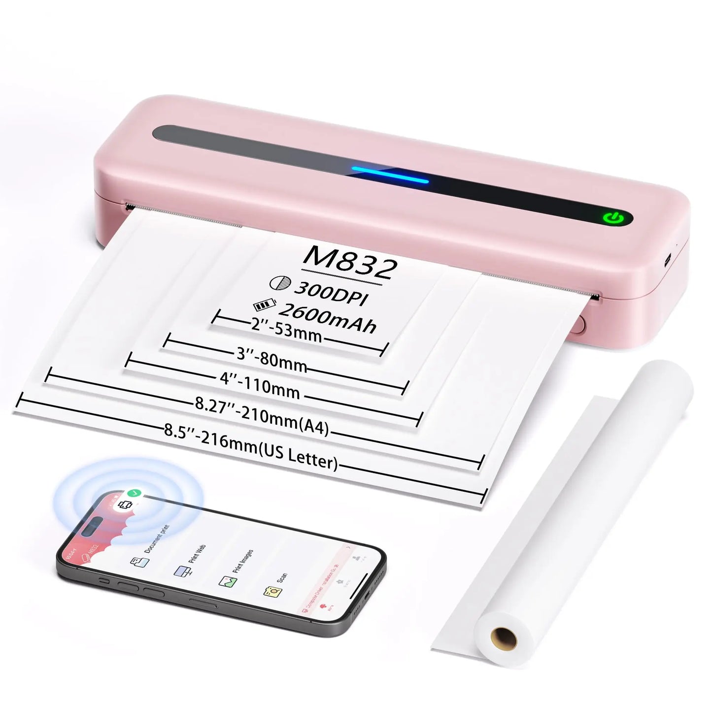 New A4 Portable Printer Wireless M832 for Travel Work Home Inkless Thermal 300DPI US-letter Mobile Printer Support Android iOS