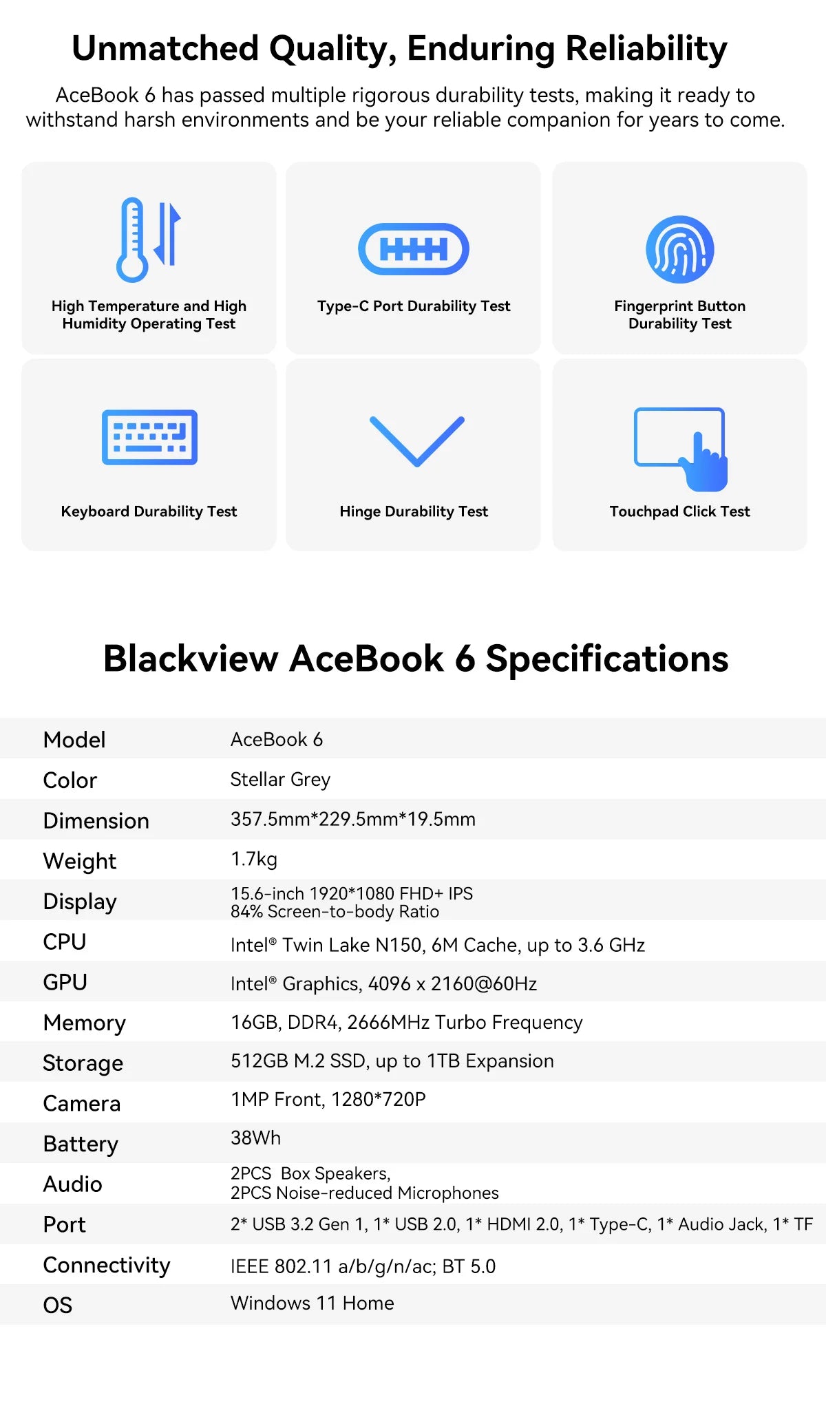 Blackview AceBook 6 Intel Twin Lake N150 15.6 Inch Laptop 16GB DDR4 512GB SSD Windows 11 Home 36Wh Battery