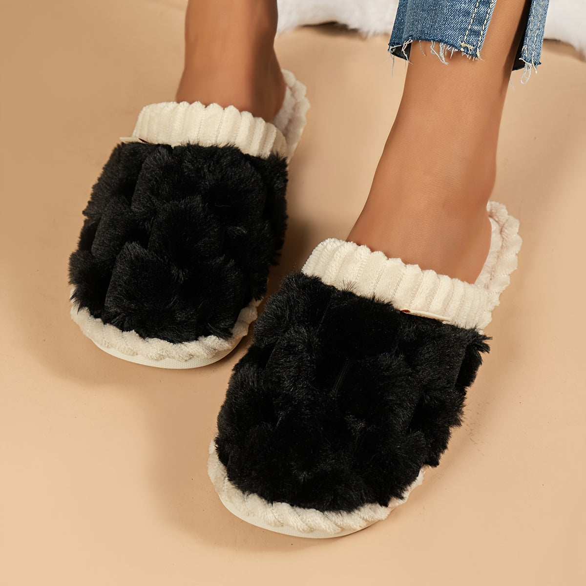 Cozy & Chic Women's Winter Plush Slippers - Soft, Warm Indoor Comfort with Non-Slip PVC Sole, Cream Cuff Detail, Hand Washable - Perfect for Home Relaxation