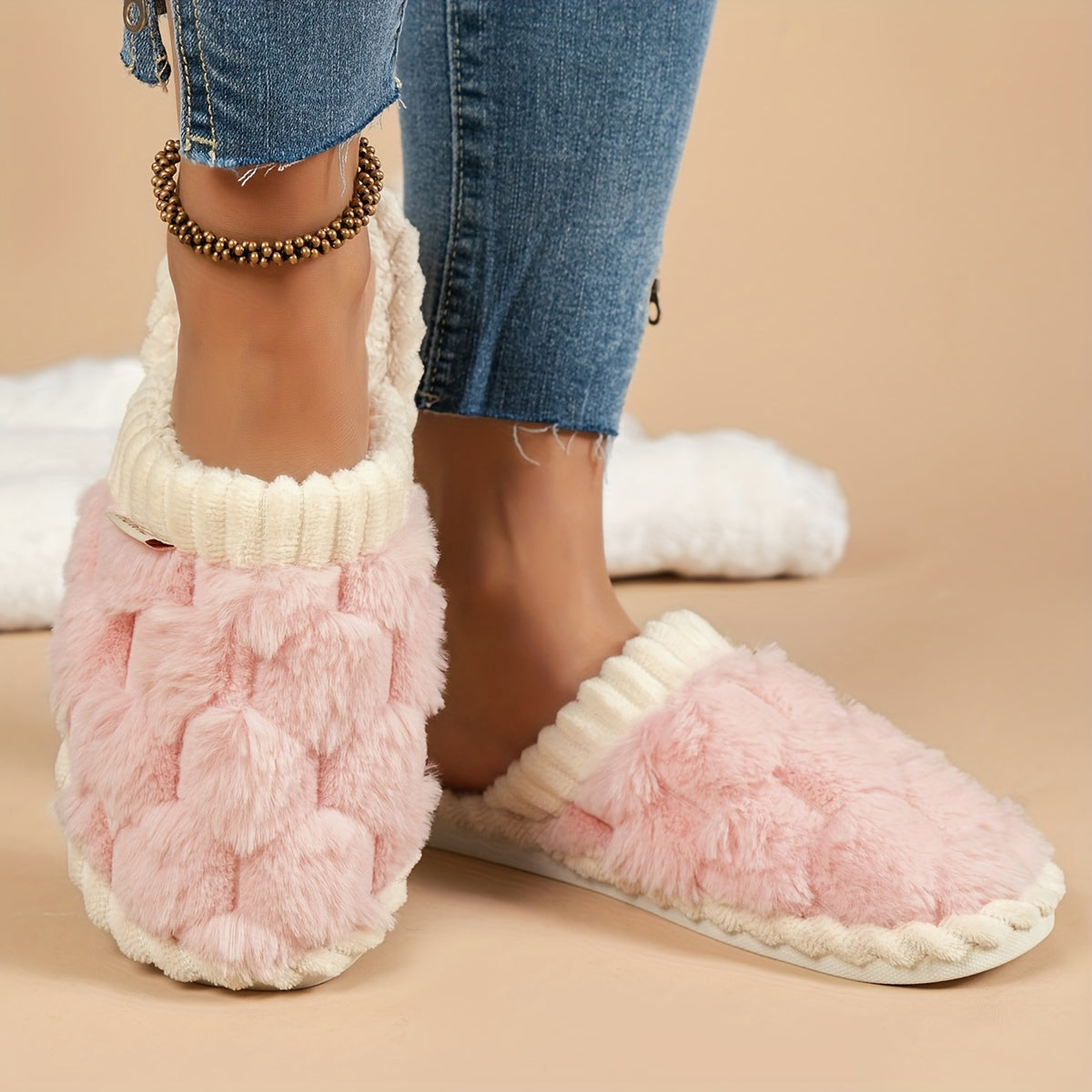 Cozy & Chic Women's Winter Plush Slippers - Soft, Warm Indoor Comfort with Non-Slip PVC Sole, Cream Cuff Detail, Hand Washable - Perfect for Home Relaxation