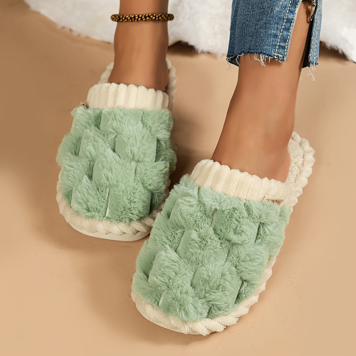 Cozy & Chic Women's Winter Plush Slippers - Soft, Warm Indoor Comfort with Non-Slip PVC Sole, Cream Cuff Detail, Hand Washable - Perfect for Home Relaxation