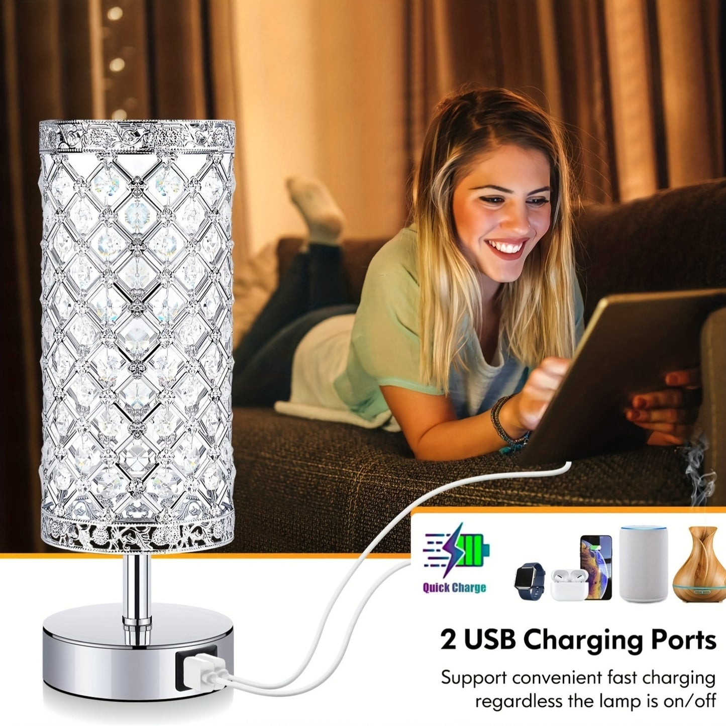Touch Control Crystal Table Lamp Set of 2 Bedside Nightstand Lamps with 2 USB Charging Ports, 3-Way Dimmable, K9 Crystal Decorative Desk Lamp for Bedroom, Girls Guest Room, Living Room, Bulbs Included