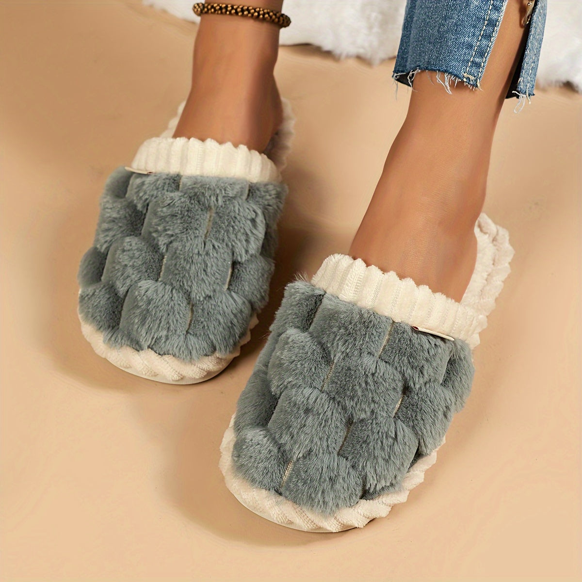Cozy & Chic Women's Winter Plush Slippers - Soft, Warm Indoor Comfort with Non-Slip PVC Sole, Cream Cuff Detail, Hand Washable - Perfect for Home Relaxation