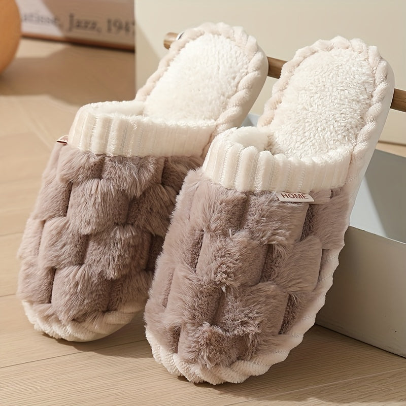 Cozy & Chic Women's Winter Plush Slippers - Soft, Warm Indoor Comfort with Non-Slip PVC Sole, Cream Cuff Detail, Hand Washable - Perfect for Home Relaxation