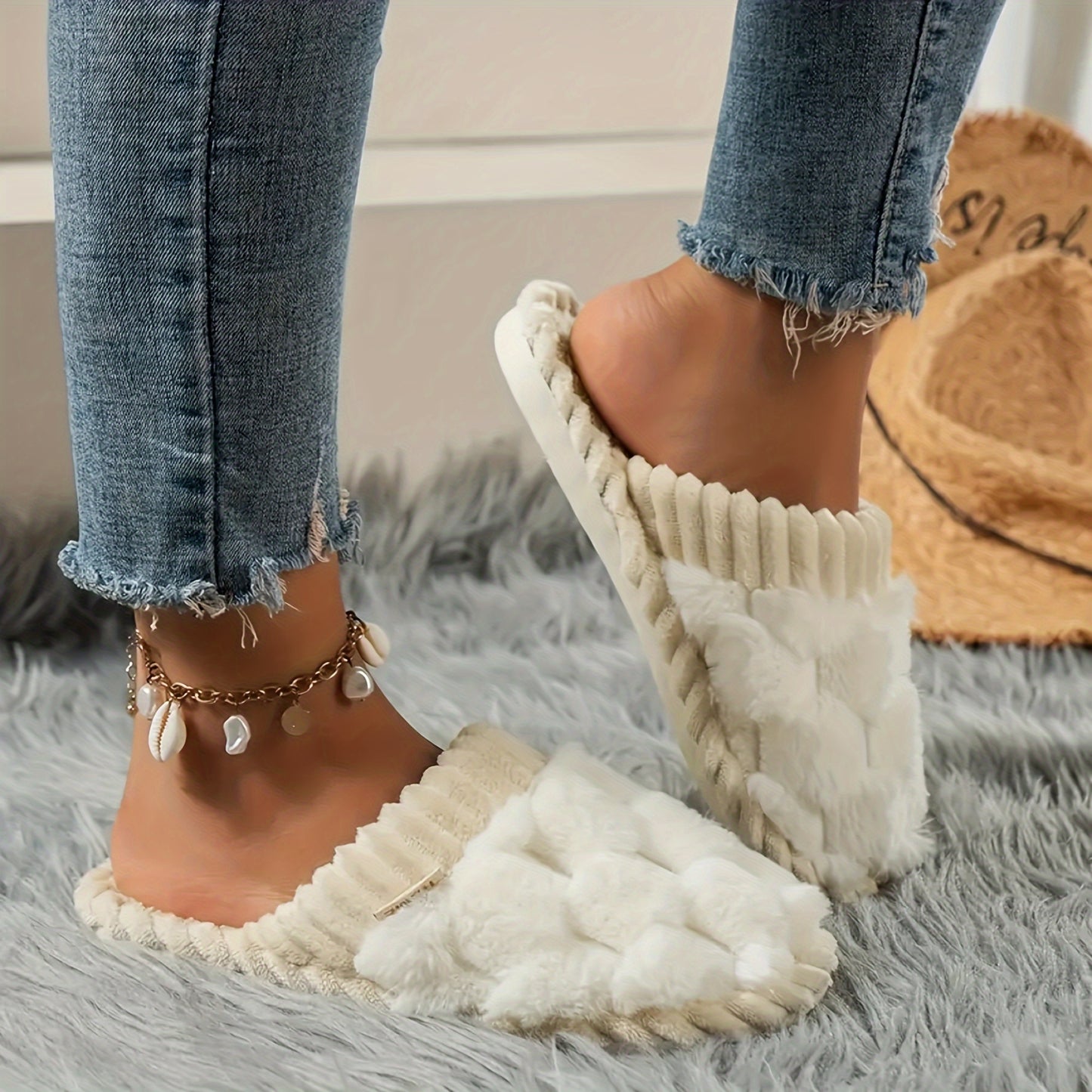 Cozy & Chic Women's Winter Plush Slippers - Soft, Warm Indoor Comfort with Non-Slip PVC Sole, Cream Cuff Detail, Hand Washable - Perfect for Home Relaxation