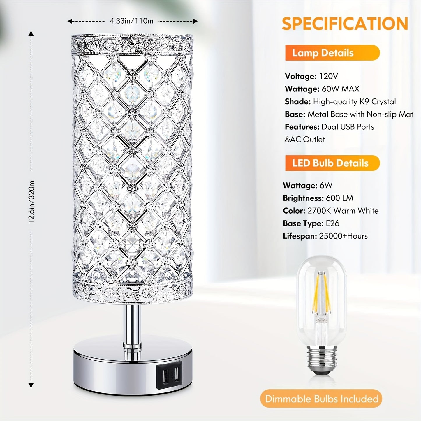 Touch Control Crystal Table Lamp Set of 2 Bedside Nightstand Lamps with 2 USB Charging Ports, 3-Way Dimmable, K9 Crystal Decorative Desk Lamp for Bedroom, Girls Guest Room, Living Room, Bulbs Included