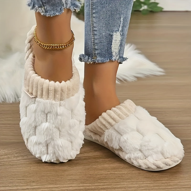 Cozy & Chic Women's Winter Plush Slippers - Soft, Warm Indoor Comfort with Non-Slip PVC Sole, Cream Cuff Detail, Hand Washable - Perfect for Home Relaxation