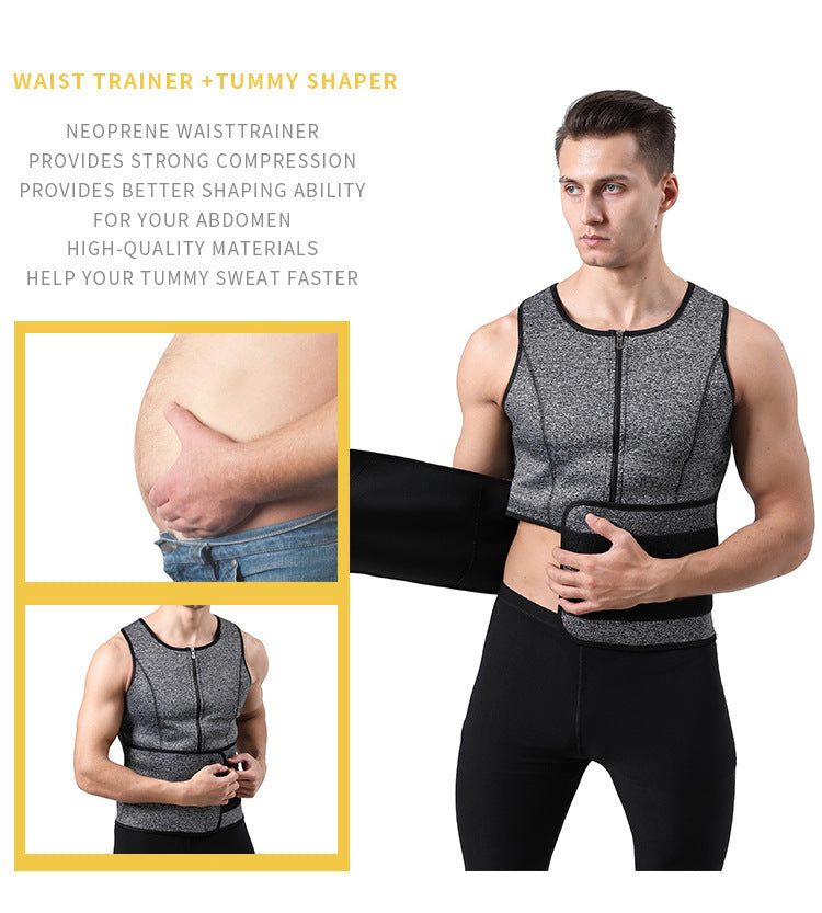 TKPARK Men's Adjustable Compression Tank Top & Waist Trainer - High-Elasticity Workout Shirt with Back Support, Sleeveless Gym Shaper Vest, Zipper Closure & Belt for Fitness Training, Fitness Compression Wear | Sleeveless Tan