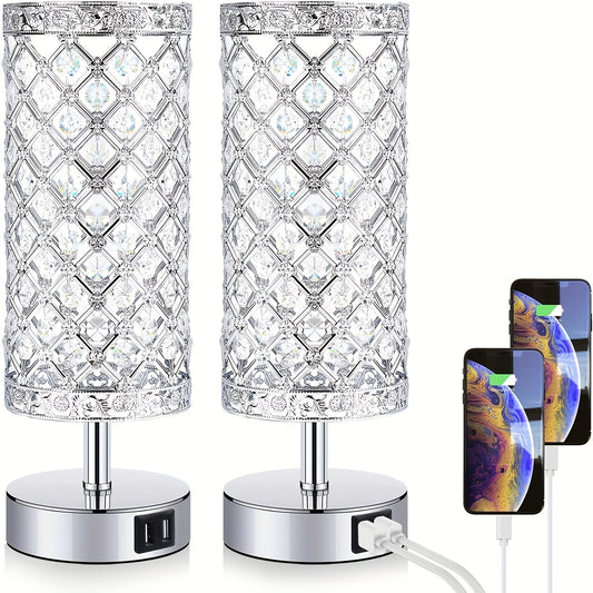 Touch Control Crystal Table Lamp Set of 2 Bedside Nightstand Lamps with 2 USB Charging Ports, 3-Way Dimmable, K9 Crystal Decorative Desk Lamp for Bedroom, Girls Guest Room, Living Room, Bulbs Included
