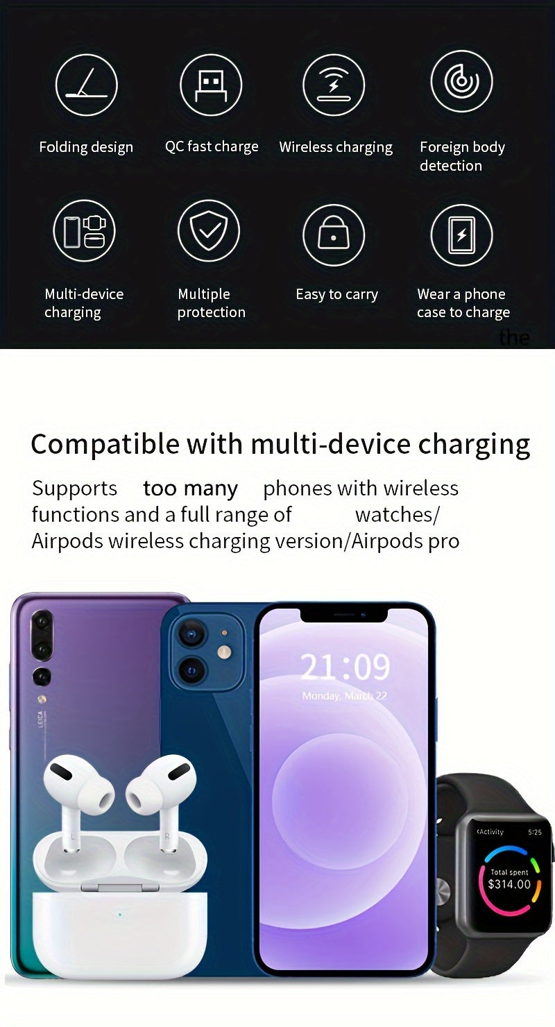 TIMESS-Wireless Charging Station 3-in-1 Standard 15W Fast Mag-Safe Charger Stand with QC3.0 Adapter, Suitable for iPhone 15 14 13 12 11 X 8 Pro Max/Pro/Mini/Plus, for iWatch Ultra 9/8 7/6/5/4/3/2, for Airpods 3/2