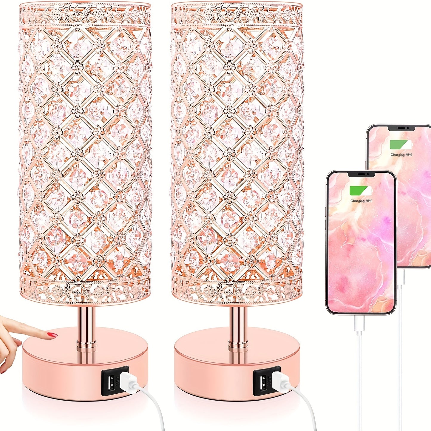 Touch Control Crystal Table Lamp Set of 2 Bedside Nightstand Lamps with 2 USB Charging Ports, 3-Way Dimmable, K9 Crystal Decorative Desk Lamp for Bedroom, Girls Guest Room, Living Room, Bulbs Included