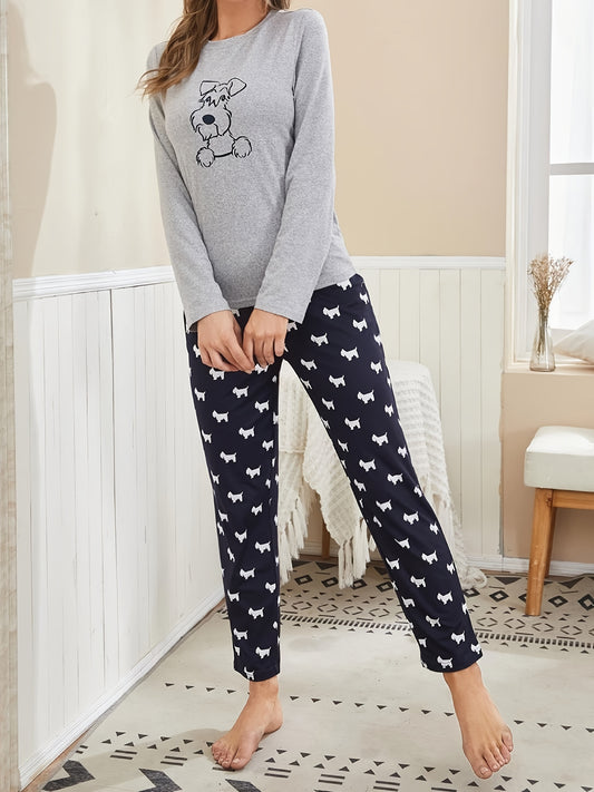 Cartoon Dog Print Pajama Set, Long Sleeve Crew Neck Top & Elastic Waistband Pants, Women's Sleepwear & Loungewear