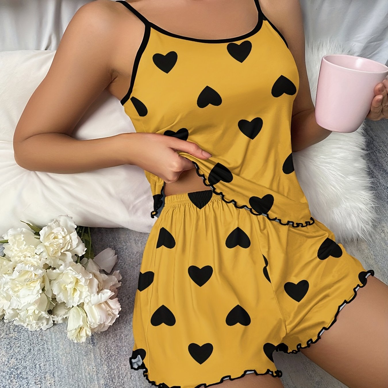 Heart Print Pajama Set, Scoop Neck Cami Top & Lettuce Trim Shorts, Women's Sleepwear & Loungewear