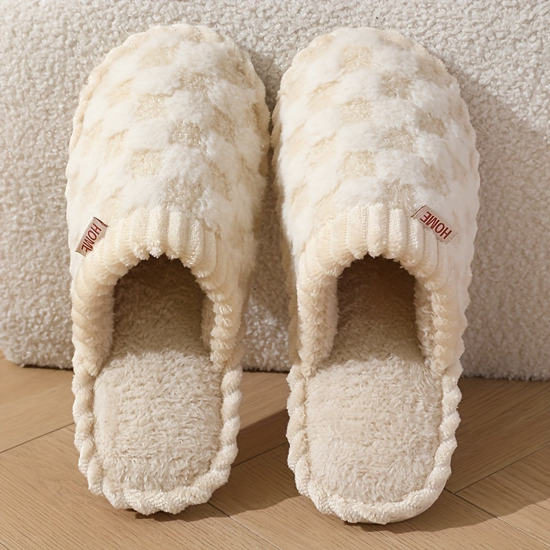 Cozy & Chic Women's Winter Plush Slippers - Soft, Warm Indoor Comfort with Non-Slip PVC Sole, Cream Cuff Detail, Hand Washable - Perfect for Home Relaxation