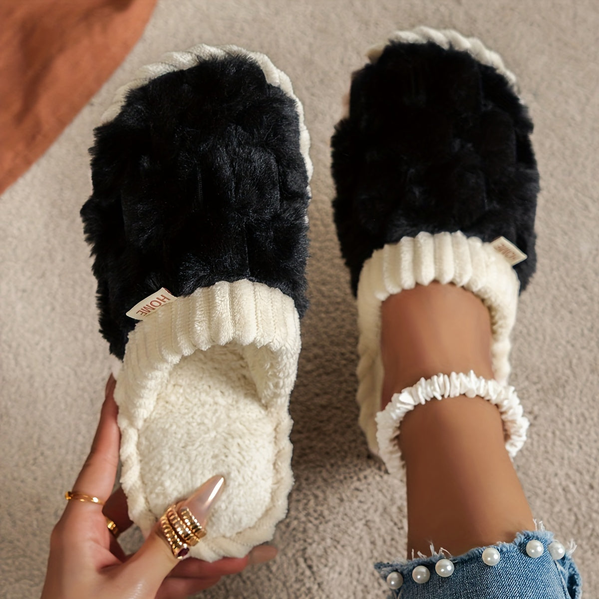 Cozy & Chic Women's Winter Plush Slippers - Soft, Warm Indoor Comfort with Non-Slip PVC Sole, Cream Cuff Detail, Hand Washable - Perfect for Home Relaxation