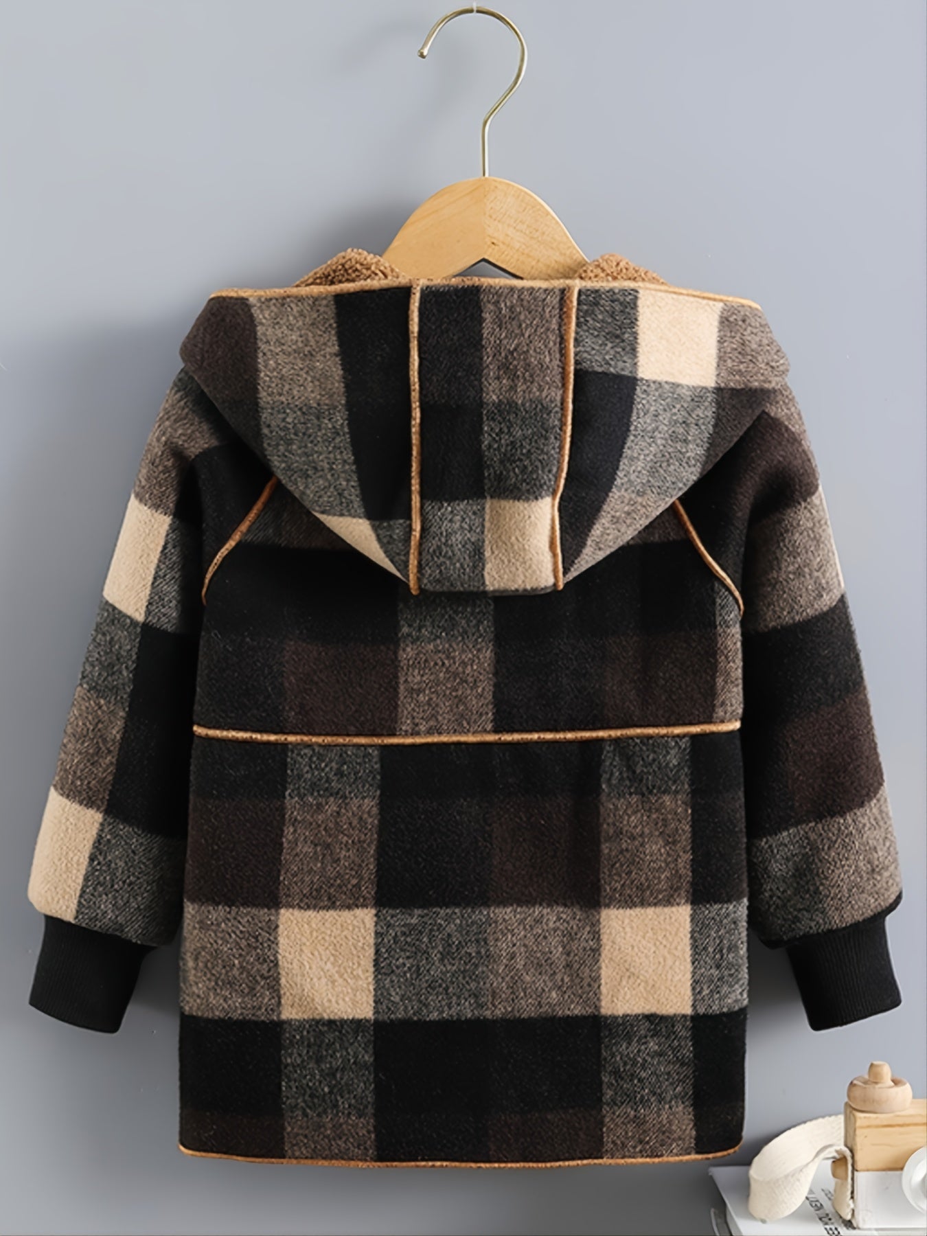 Boys' Cozy Fleece-Lined Plaid Jacket with Button Front, Pockets & Hood - Long Sleeve Casual Winter Coat for Fall/Winter, Brown & Black Checkered Pattern, Cozy Outerwear, Durable Outerwear