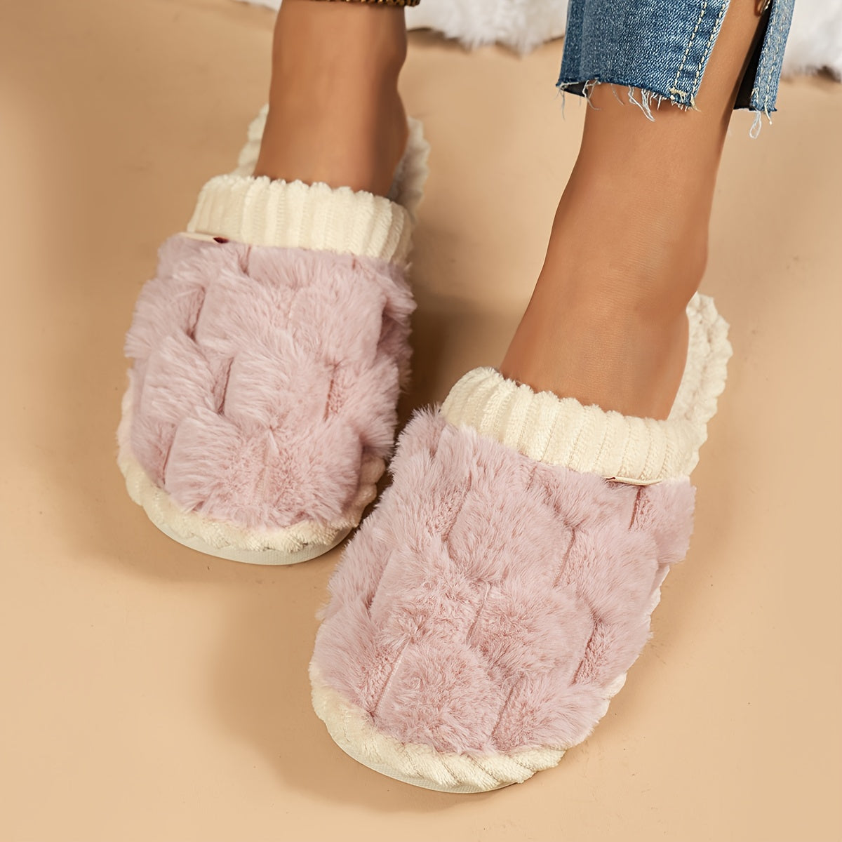 Cozy & Chic Women's Winter Plush Slippers - Soft, Warm Indoor Comfort with Non-Slip PVC Sole, Cream Cuff Detail, Hand Washable - Perfect for Home Relaxation