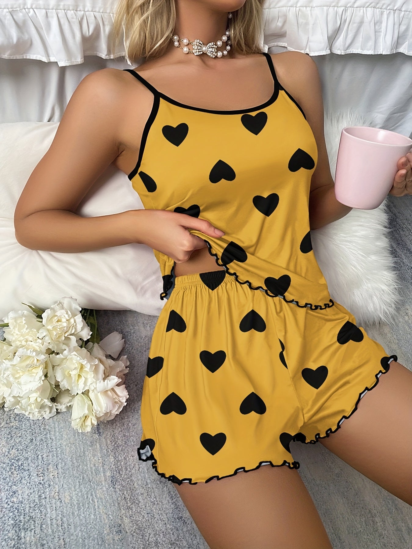 Heart Print Pajama Set, Scoop Neck Cami Top & Lettuce Trim Shorts, Women's Sleepwear & Loungewear