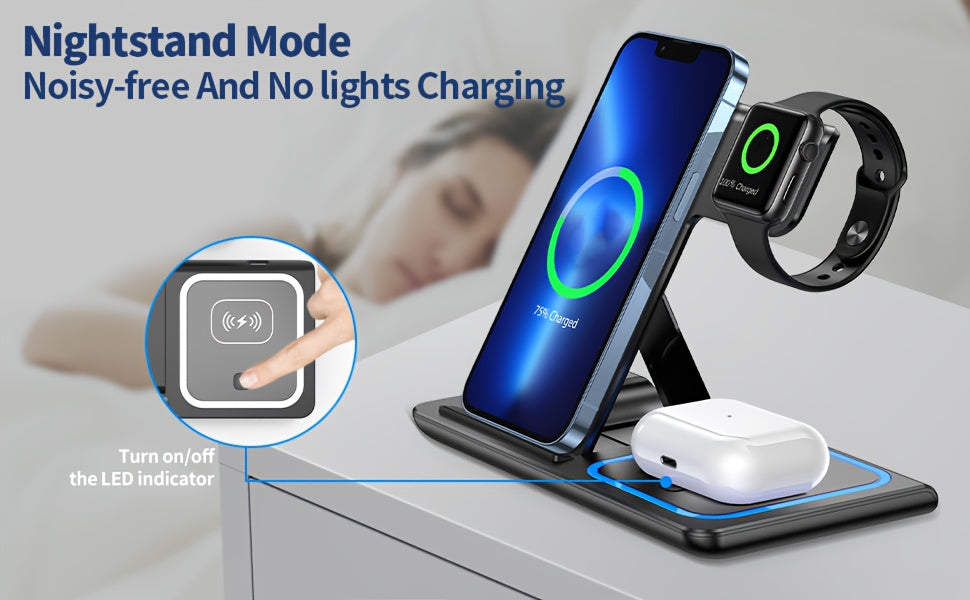 TIMESS-Wireless Charging Station 3-in-1 Standard 15W Fast Mag-Safe Charger Stand with QC3.0 Adapter, Suitable for iPhone 15 14 13 12 11 X 8 Pro Max/Pro/Mini/Plus, for iWatch Ultra 9/8 7/6/5/4/3/2, for Airpods 3/2