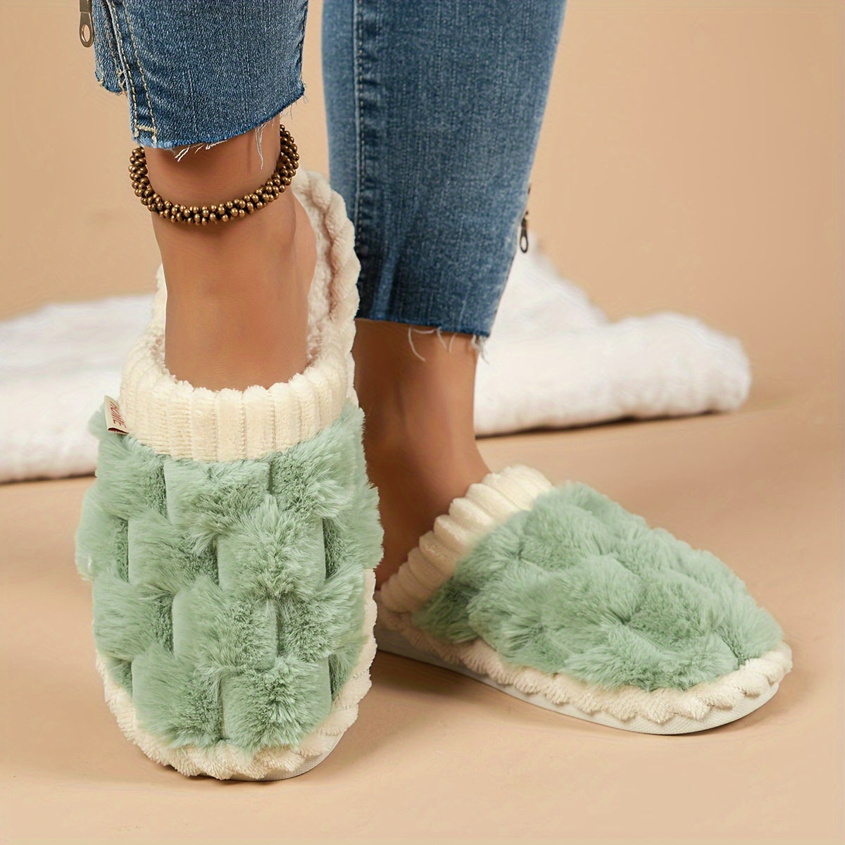 Cozy & Chic Women's Winter Plush Slippers - Soft, Warm Indoor Comfort with Non-Slip PVC Sole, Cream Cuff Detail, Hand Washable - Perfect for Home Relaxation