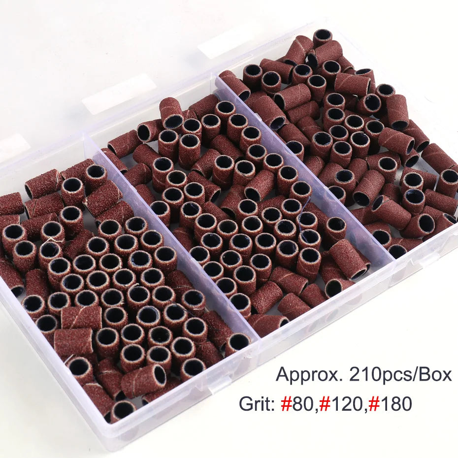 210pcs/Box Sanding Cap Bands For Electric Manicure Machine 180/120/80 Grit Nail Drill Grinding Bit Files Pedicure Tool Set