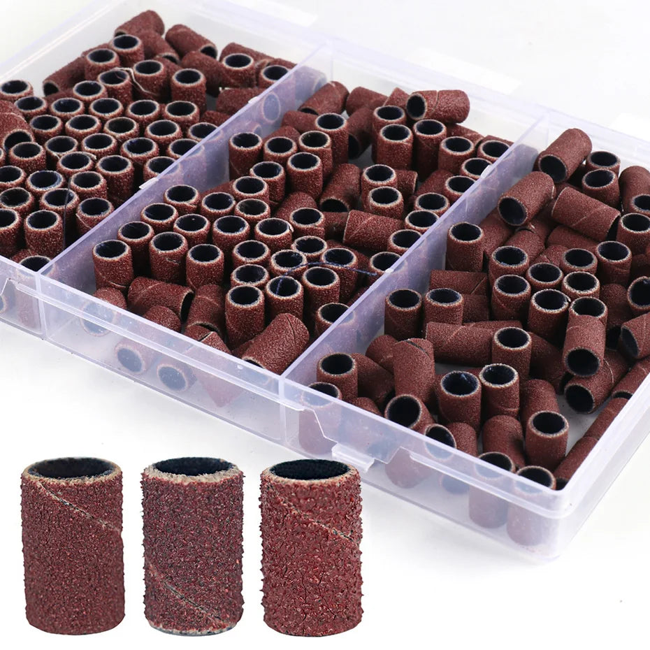 210pcs/Box Sanding Cap Bands For Electric Manicure Machine 180/120/80 Grit Nail Drill Grinding Bit Files Pedicure Tool Set