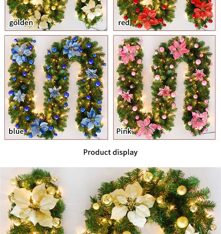 2.7m Luxury Christmas LED Cane Wreath Decoration With Lanterns Green Artificial Christmas Tree Banner Party New Year's door Wrea