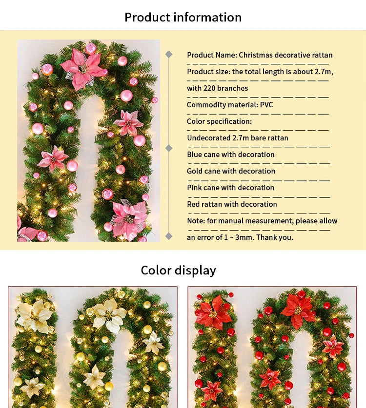 2.7m Luxury Christmas LED Cane Wreath Decoration With Lanterns Green Artificial Christmas Tree Banner Party New Year's door Wrea