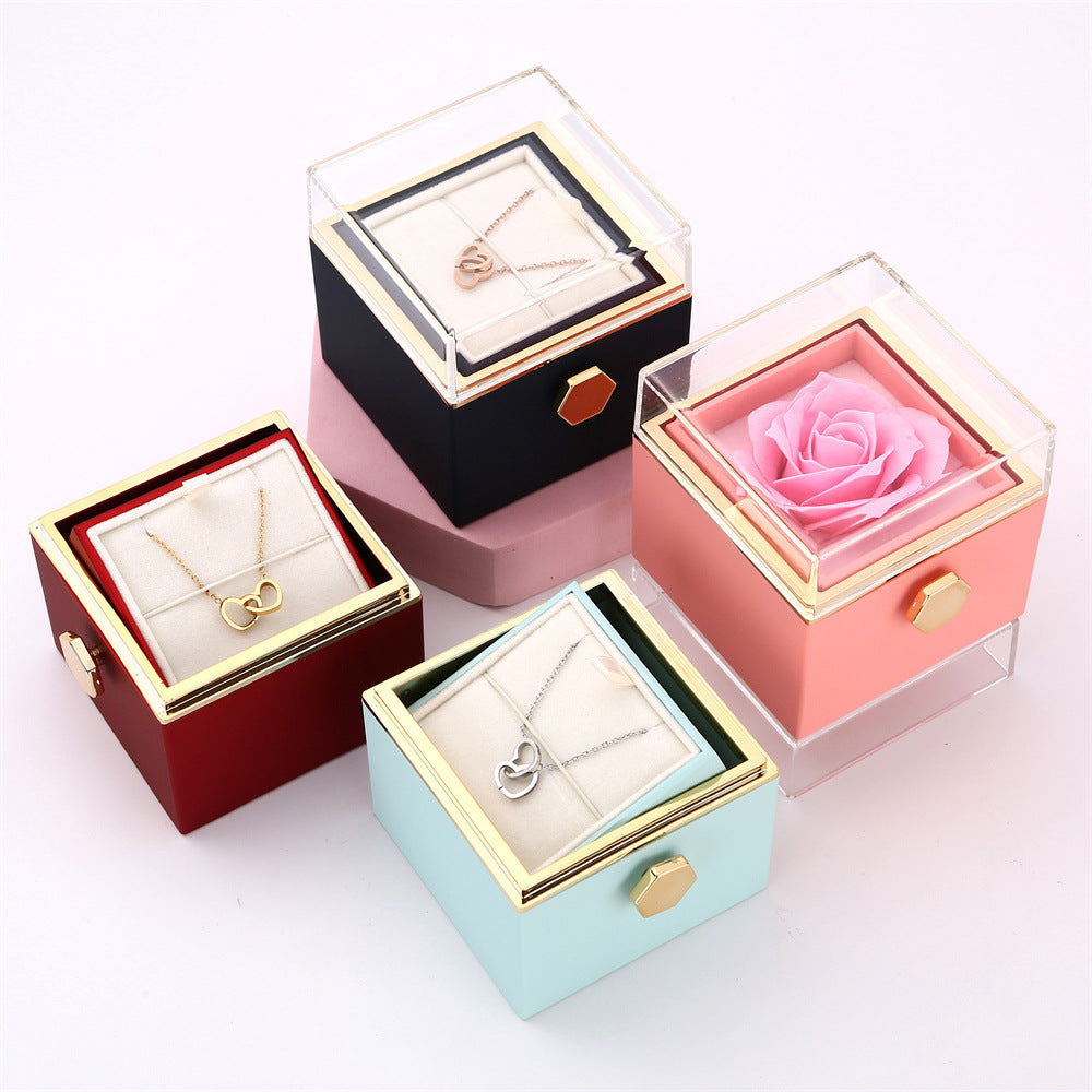 Personality Lettering Stainless Steel Double Ring Heart Necklace Rotating Rose Jewel Case and Packing Box Reversible Necklace Box