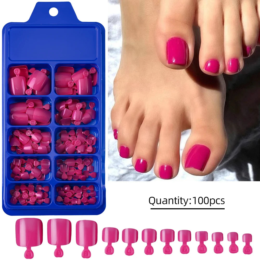 100Pcs Fake Toenail Natural Press On Toe Foot Rose Red Full Cover Square Nails Art Tips Artificial Acrylic Glossy False Toe Tips