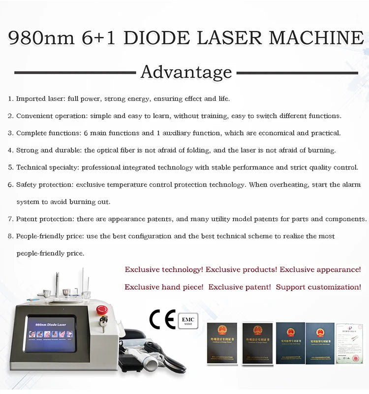 BEST 5 in 1 980nm Diode Laser Vascular Removal Machine Remove Spider Veins 980 Diode Laser Blood Vessels Removal Nail Fungus