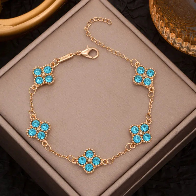 Colorful Crystal Four Leaf Clover Bracelets for Women Girls Lucky Clovers Flower Fashion Wrist Chain Jewelry Party Wear Bijoux
