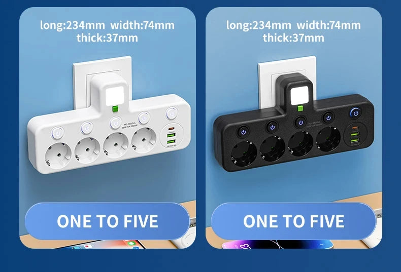 EU Plug Socket Adapter Wireless Wall Charger Power Strip with 4 AC Outlets +2 USB Ports+ 1 Type C 7-in-1 Plug Socket Adapter