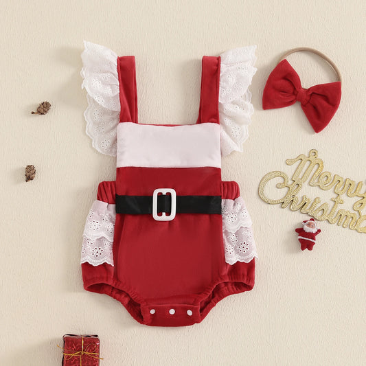 Adorable Christmas-themed Baby Girl Romper with Headpiece - Triangular Design Infant Clothing Set