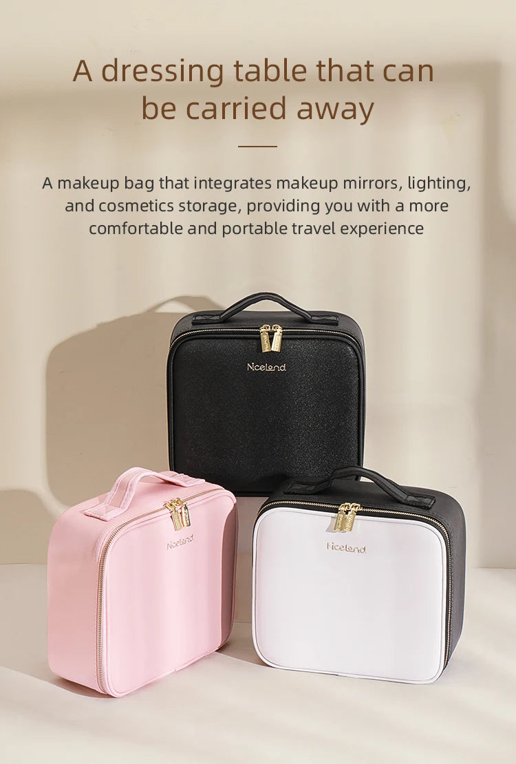 Makeup Travel Train Case with LED Lighted Mirror, 3 Color Adjust Settings, Travel Makeup Bag With Adjustable Dividers,