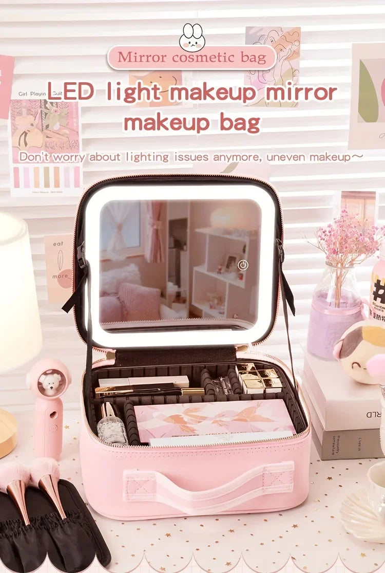 LED Lighted Travel Makeup Bag With Mirror Portable Waterproof Makeup Organizer Cosmetic Case, Birthday Gift For Girls Women