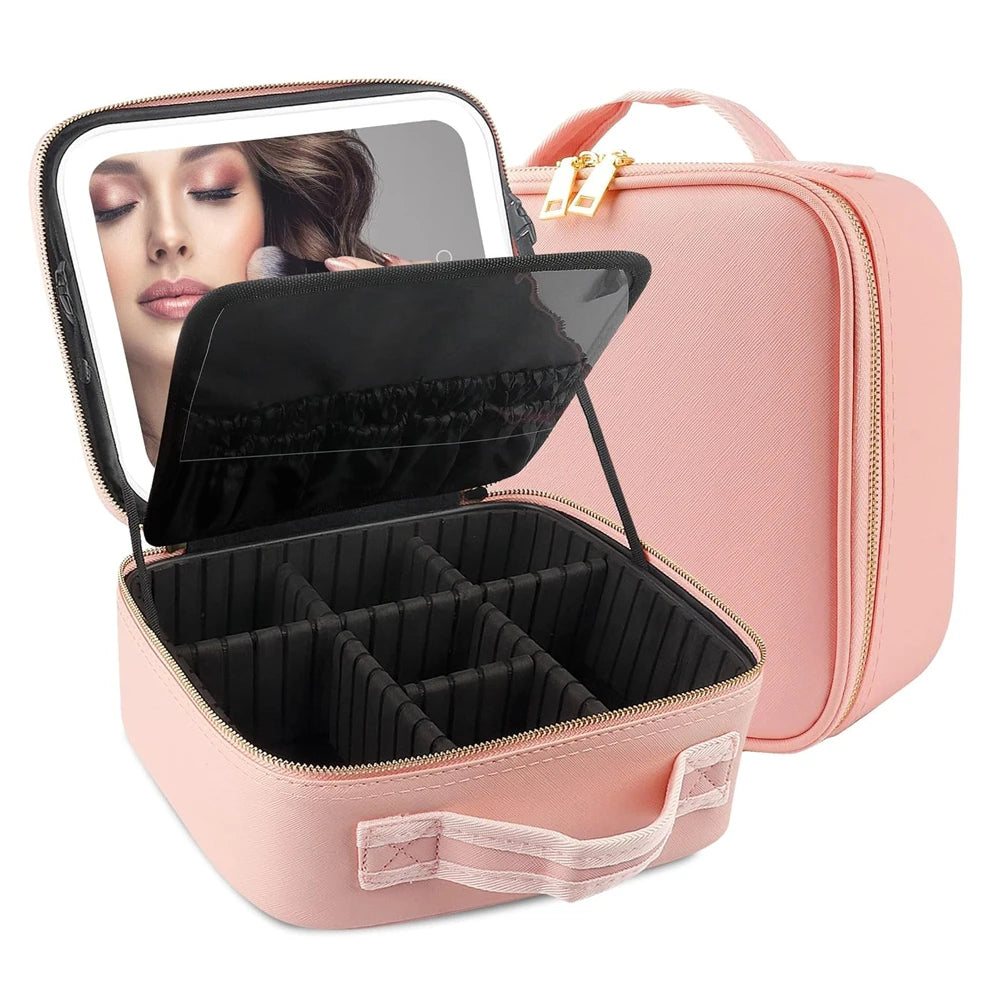 Makeup Bag with LED Mirror Travel Large Train Case Cosmetic Organizer Make Up Bags with 3 Color Lights and Adjustable Dividers