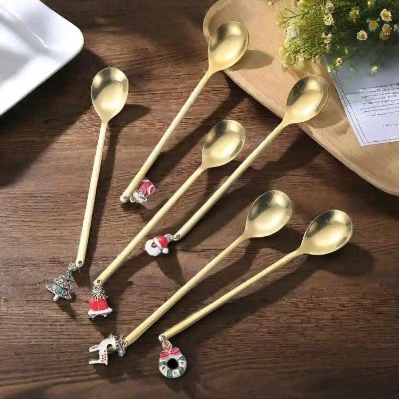 6PCS Christmas Spoons Coffee Cutlery Set Stainless Steel Cutlery Set Dessert Spoon Forks Christmas Gifts Elk Christmas Decoratio