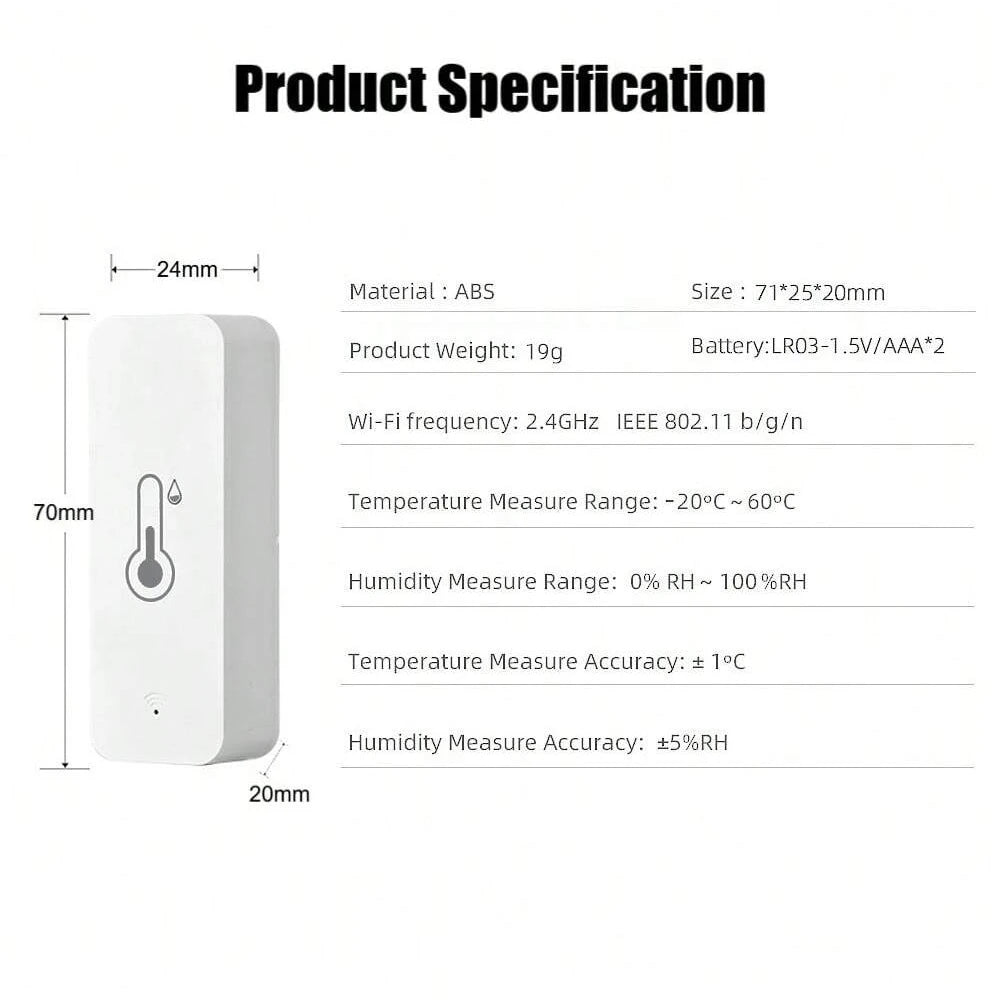 Smart Temperature & Humidity Sensor with WiFi Low Battery Alert Intelligent Climate Control Device Indoor Environment Monitoring