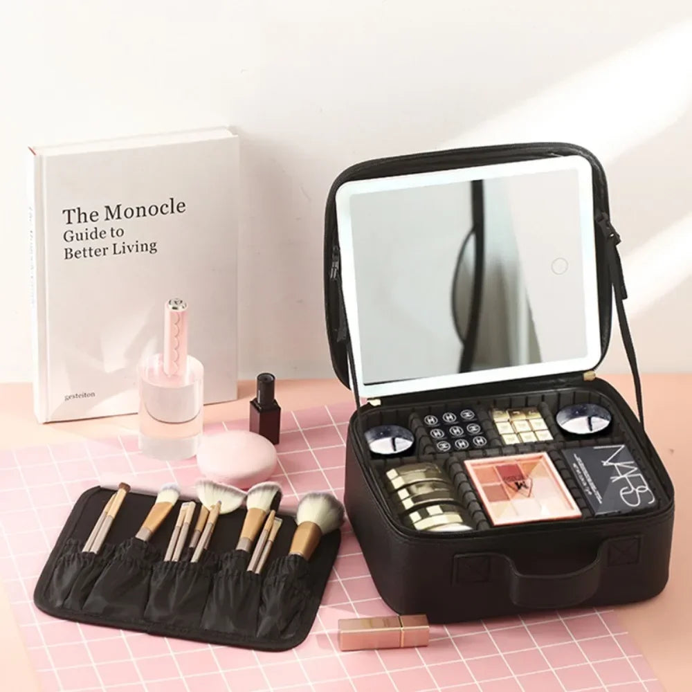 Makeup Organizer with Mirror Light 3 Adjustable Brightness Travel Train Case Cosmetic Bag Portable Storage Partition Waterproof