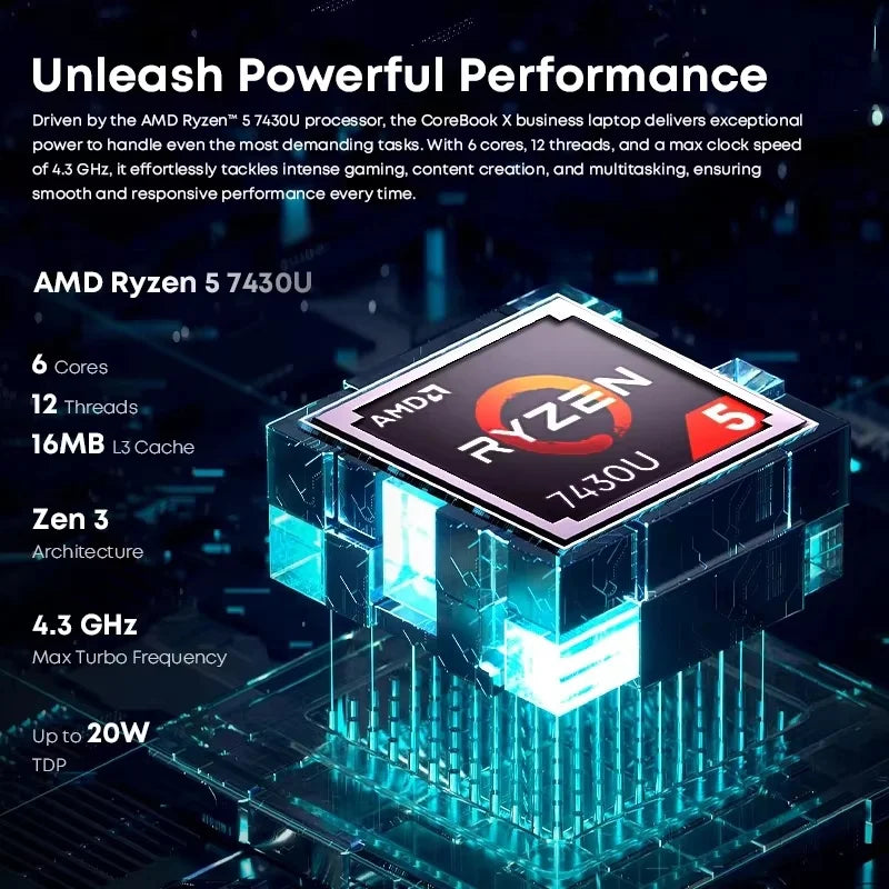 CHUWI CoreBook X Gaming Laptop AMD R5-7430U 16GB DDR4 RAM 512GB SSD 14.1 inch FHD Screen Lightweight Notebook 4.3 GHz Windows 11