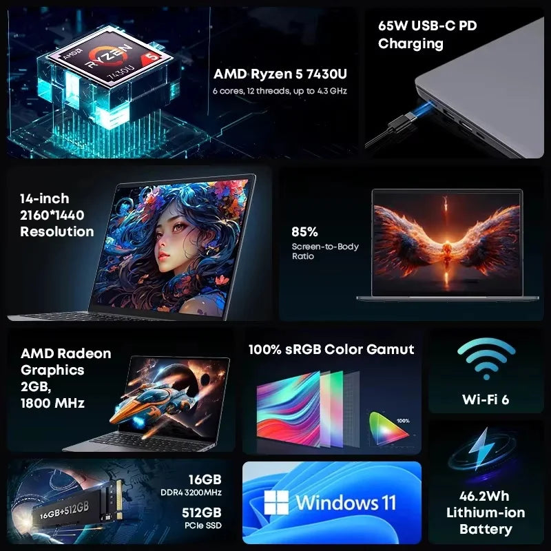 CHUWI CoreBook X Gaming Laptop AMD R5-7430U 16GB DDR4 RAM 512GB SSD 14.1 inch FHD Screen Lightweight Notebook 4.3 GHz Windows 11