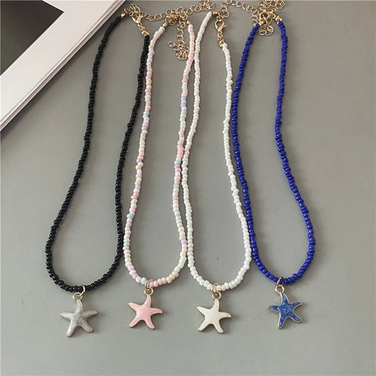 4 Colors Fashion Starfish Choker Necklace for Men Women White Black Blue Colorful Rice Beads Gift for Friend  Short Collar