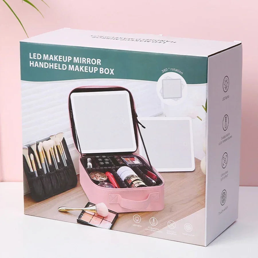 New LED Lighted Cosmetic Case With Mirror PU Leather Portable Travel Makeup Storage Bags Waterproof Travel Makeup Bag