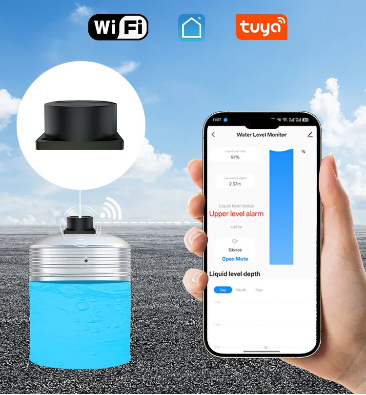 Tuya Smart WiFi Liquid Level Monitor Ultrasonic Water Level Detection High Accuracy WiFi Remote Liquid Level Gauge