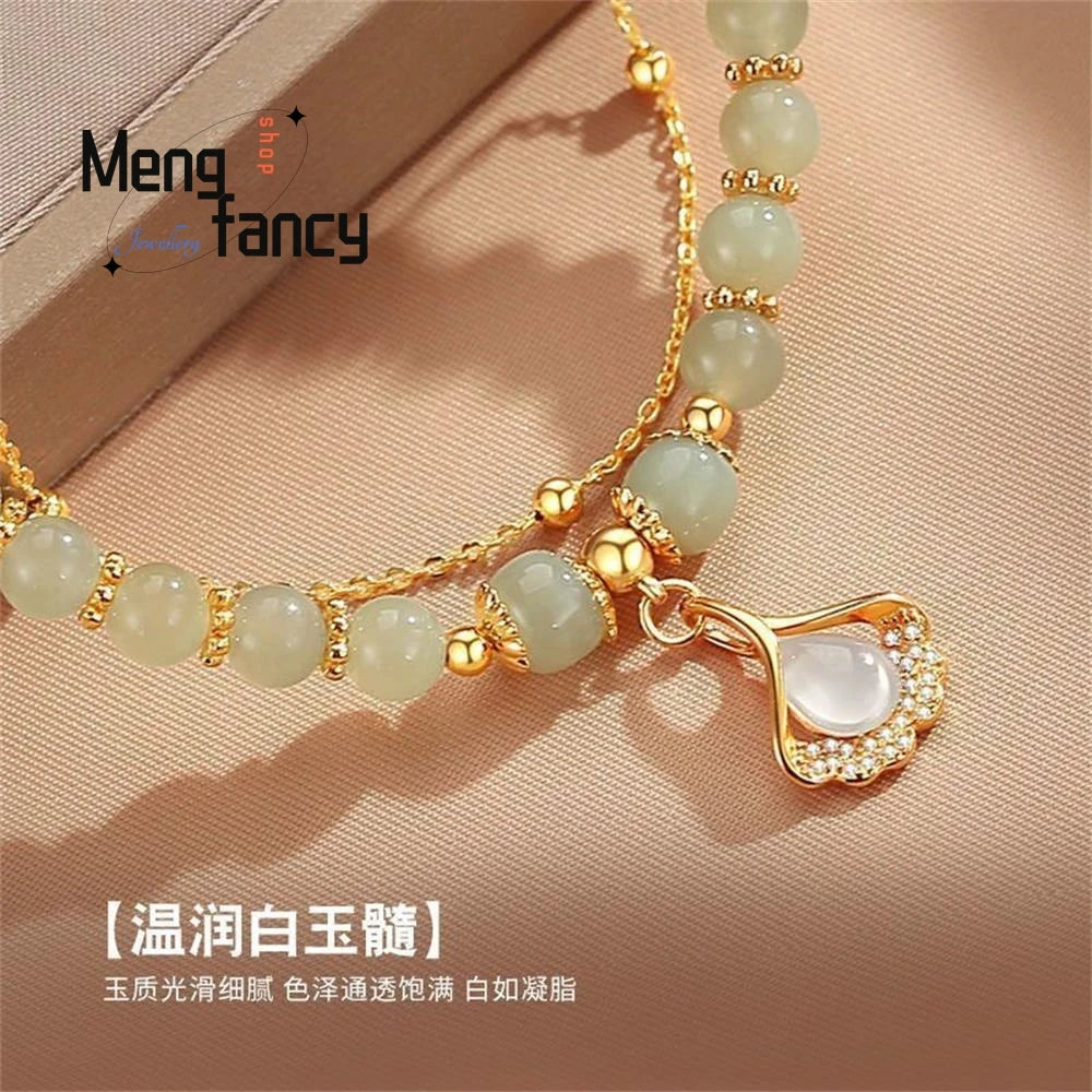 Natural Hetian Jasper Three Lifetimes Have Apricots Meet You Double Apricot Leaf Bracelet Exquisite Charm Luxury Fashion Jewelry